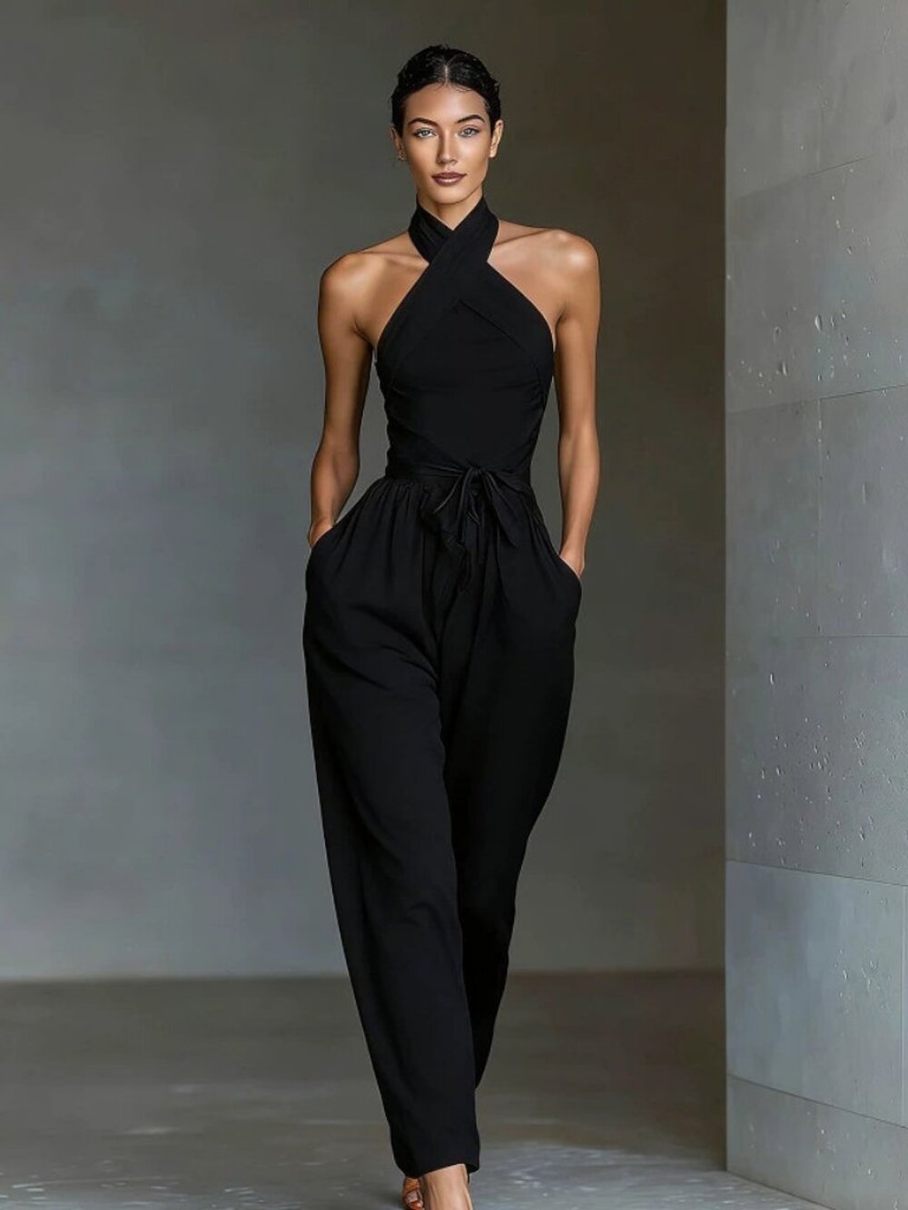 Womens Halter Jumpsuit Backless Wide Leg Pants with Tie Waist Black
